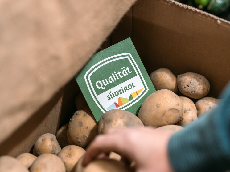 © IDM Südtirol/Hannes Unterhauser Carton of loose potatoes with a South Tyrol seal of quality sign inside, with a hand picking a potato. | © IDM Südtirol/Hannes Unterhauser